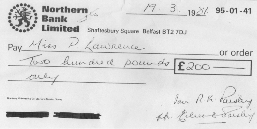 A copy of the cheque given to Patience Bradley by Ian Paisley