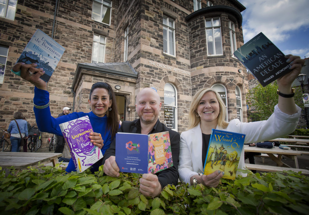 From left, Keith Acheson Festival Director, Deepa Mann-Kler Chair of Crescent Arts Centre and Damian Smyth Head of Literature and Drama at Arts Council of Northern Ireland