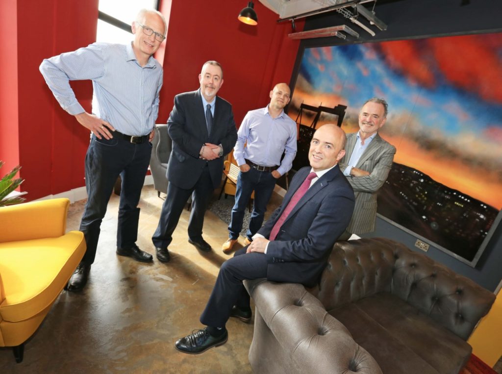 Launching The Foundry - Harry McDaid, UCIT; Graham Shaw, Professional Fire & Security; Duncan Chambers, East Belfast Enterprise board member; keynote speaker Mike Hannigan, Coworkinn and Jonathan McAlpin, Chief Executive of The Foundry.