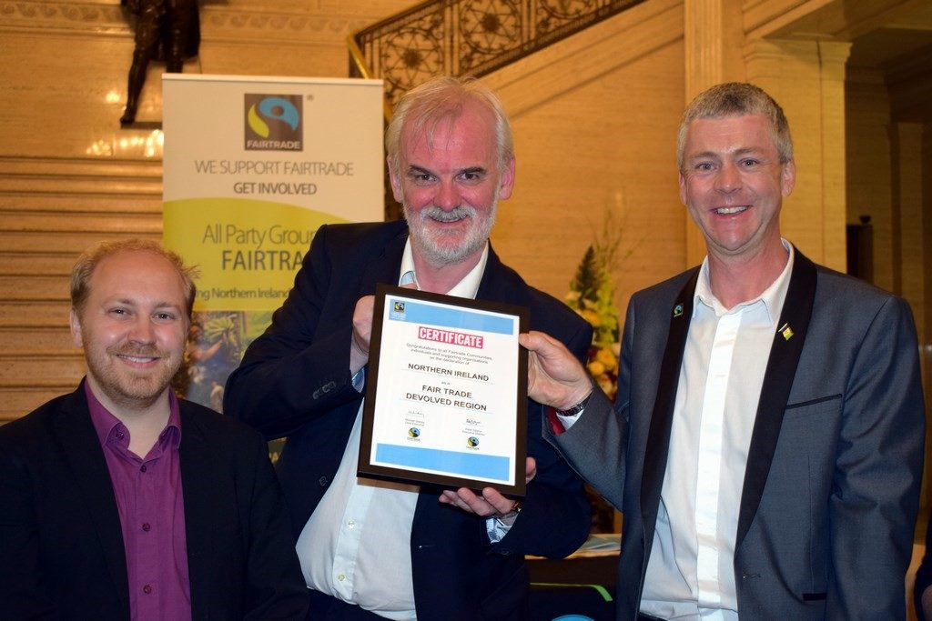 (L-R): Steven Agnew MLA, Chairperson APG on Fairtrade; Tim McNarry; Dr Christopher Stange, Secretariat APG on Fairtrade & Hon. Consul for St. Vincent and the Grenadines to Northern Ireland displaying regional certificate at Stormont Parliament