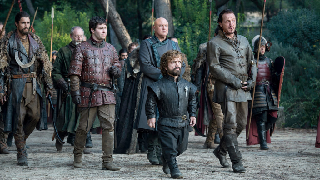 Tyrion Lannister (Peter Dinklage) with Pod (Daniel Portman), Lord Varys (Conleth Hill) and Ser Bronn (Jerome Flynn)