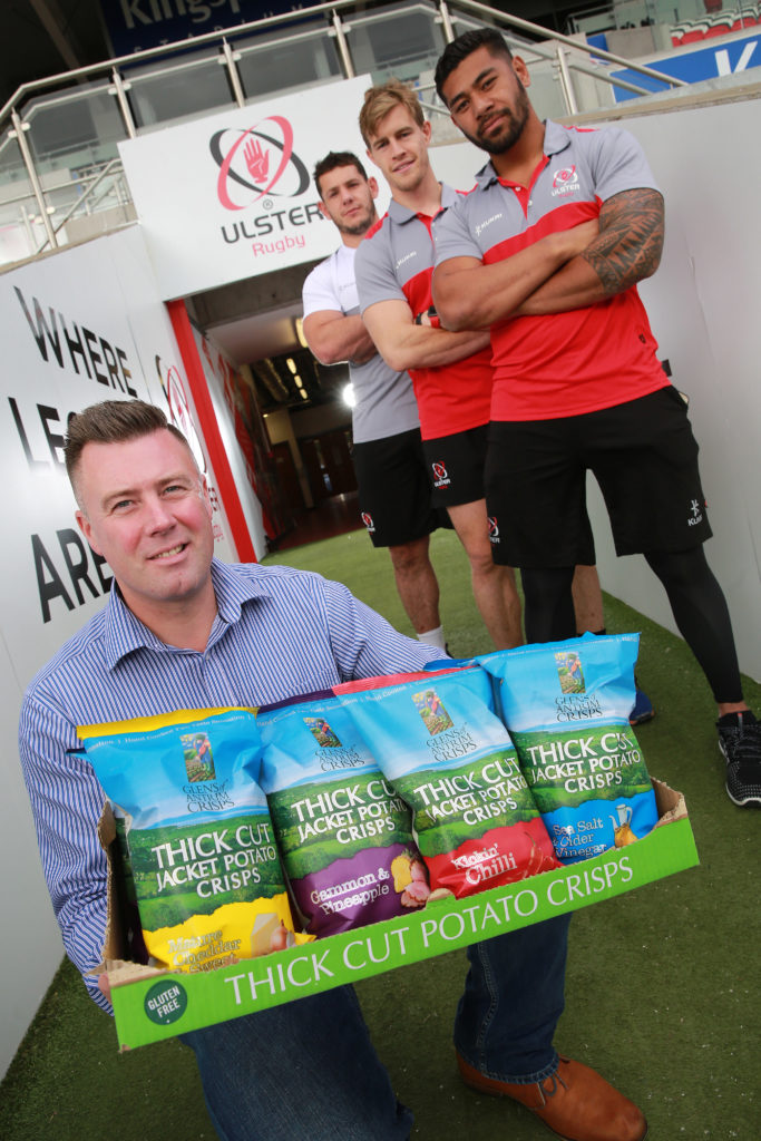 Michael McKillop, MD of Glens of Antrim Potatoes with rugby stars Marcell Coetzee, Charles Piutau and Antrim Trimble