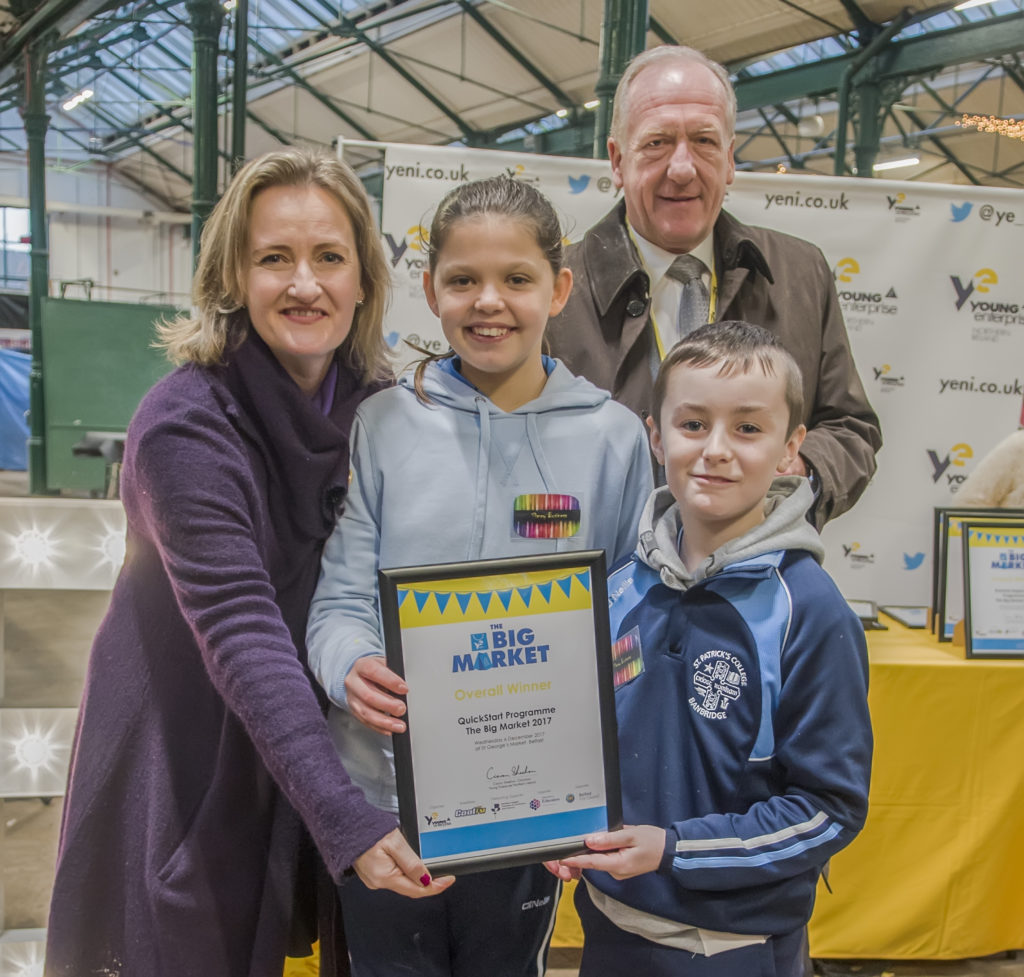  Students from St Patrick's College, Banbridge (Slimy Business), winners of the Quickstart Award with Young Enterprise CEO Carol Fitzsimons and Gavin Walker Pic: Debbie Deboo Photography