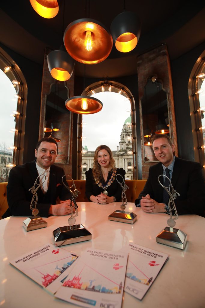 Pete Snodden, compere for the event is pictured alongside Michelle Greeves, President of Belfast Chamber of Trade & Commerce and Paul McClurg, Lead Senior Business Manager, Bank of Ireland UK