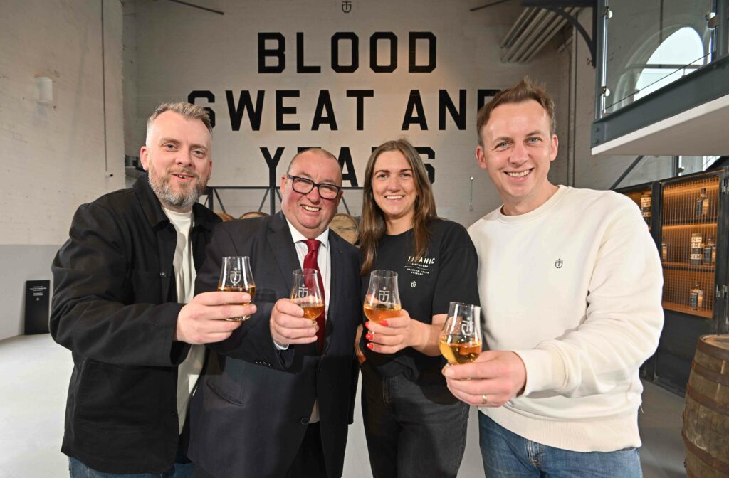 OPEN FOR BUSINESS: Belfast’s newest tourist attraction, and the city’s first working whiskey distillery in almost 90 years, opened its doors to the public today (Friday April 28, 2023). Drinks company Titanic Distillers has invested almost £8 million to convert the historic Titanic Pumphouse, in the heart of Belfast’s Titanic Quarter, into a new distillery and visitor centre on the site where Titanic last rested on dry ground, before her maiden voyage. Raising a toast on opening day were Titanic Distillers Visitor Attraction and Site Managers Ruairi Burns (left) and Alex Shannon (second from right), with company directors Peter Lavery and Stephen Symington (right). With prices starting at just £10, visitors can choose from one of four tours available to book at www.titanicdistillers.com. For larger group bookings, email groups@titanicdistillers.com.