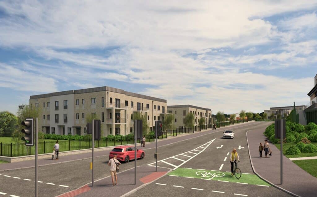 CGI showing proposed apartment buildings beside Monagh By-pass, with landscaped grounds, a road crossing and cycle facilities.